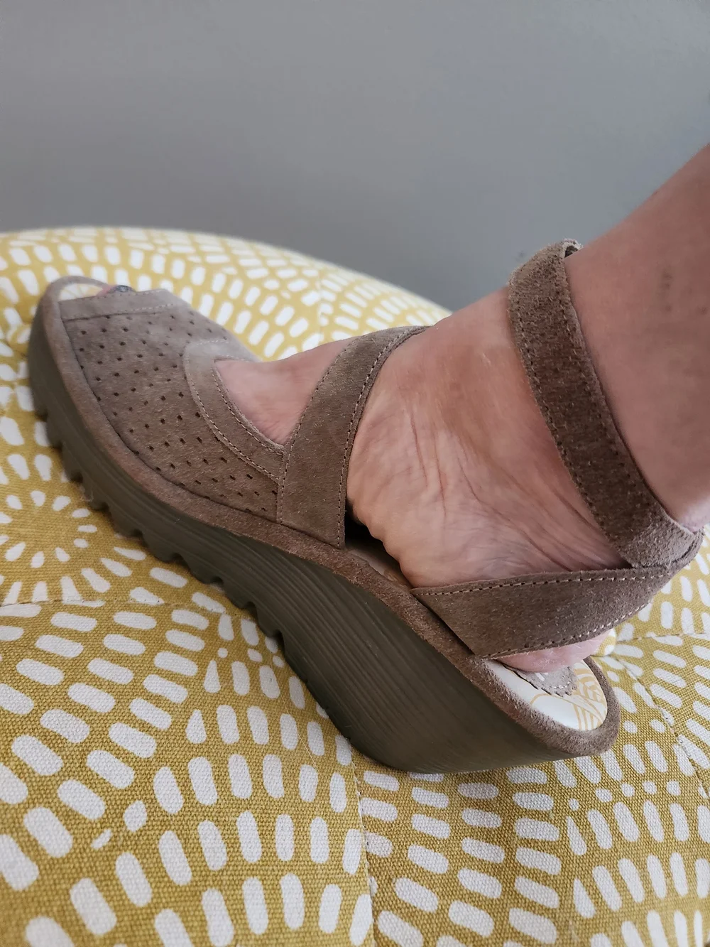 Fly London  Taupe Suede Ankle-Strap Wedge Sandal